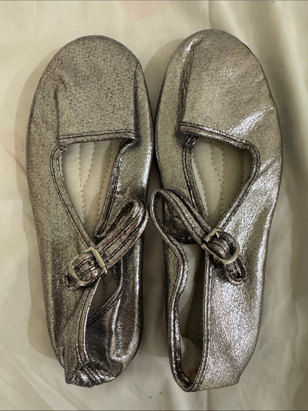 Metallic Silver Mary Jane Ballet Flats with Buckle Strap